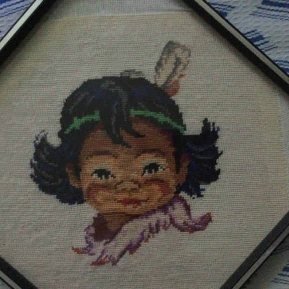 Vintage Native American boy cross-stitch embroidery square frame ba - Picture 4 of 7